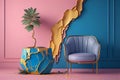 Nature-Inspired Design Bring Life to Your Walls with a Plant Pot and Blue Armchair Against a Kintsugi wall Royalty Free Stock Photo