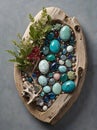 Nature-Inspired Gemstone Egg Display with Lush Greenery in a Driftwood Frame Royalty Free Stock Photo