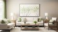 Nature-inspired Green Living Room With White Couches And Subtle Color Harmonies