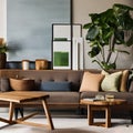 A nature-inspired living room with earthy tones, wood furnishings, and large potted plants5, Generative AI