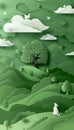 Nature Inspired Papercraft Art Tranquil Green Landscape with Rolling Hills and Birds in Sky