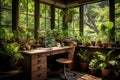 nature-inspired study space with wooden desk, potted plants, and large window