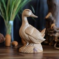 Nature-inspired Wooden Duck Sculpture: A Raw And Unpolished Indoor Still Life