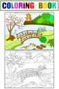 Nature of Japan color book for children cartoon. Japanese garden Coloring, black and white