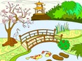 Nature of Japan color book for children cartoon. Japanese garden raster