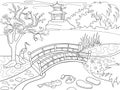 Nature of Japan coloring book for children cartoon. Japanese garden vector illustration