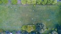 Nature and landscape: Aerial view of a field, plowed field, cultivation, green grass, haystacks, hay bales Royalty Free Stock Photo