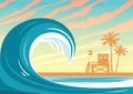 Nature landscape with big wave in a blue sea, silhouette of lifeguard station, palm tree and sunset sky. Vector illustration. Royalty Free Stock Photo