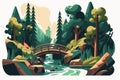 Nature landscape with bridge and river. Vector illustration in cartoon style Royalty Free Stock Photo