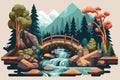 Nature landscape with bridge and river. Vector illustration in cartoon style Royalty Free Stock Photo