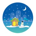 Nature landscape with mountains, snowman, forest, houses, hills. Flat design vector illustration