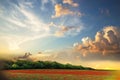 Nature landscape contryside green grass field trees and sun beam on cloudy fluffy blue and pink sky