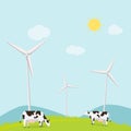 Nature landscape with cows and turbine wind vector illustration.Animal with meadow and mountains in summer Royalty Free Stock Photo