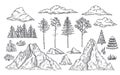 Nature landscape elements. Mount rocks, trees and bush. Sketch isolated park, garden or forest silhouettes. Hand drawn