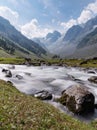 Nature landscape, flowing water in the river with mountains and forests in summer at Sonamarg, Jammu, and Kashmir, India Royalty Free Stock Photo