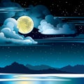 Nature landscape with full moon and clouds on a starry night sky and frozen lake with silhouette of mountains. Winter vector Royalty Free Stock Photo