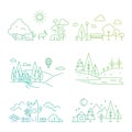 Nature landscape icons with tree, plants, mountains, river