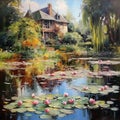 nature landscape illustration by oil painting on canvas, magical lake with swans Royalty Free Stock Photo