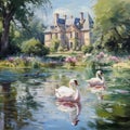 nature landscape illustration by oil painting on canvas, magical lake with swans Royalty Free Stock Photo