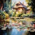 nature landscape illustration by oil painting on canvas, magical lake with swans Royalty Free Stock Photo