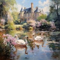 nature landscape illustration by oil painting on canvas, magical lake with swans Royalty Free Stock Photo