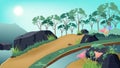 Nature landscape, jungle forest, traveling poster fantasy and cartoon concept background cartoon fantasy vector illustration