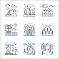 Nature and landscape line icons. linear set. quality vector line set such as cityscape, pathway, mill, trees, camping tent, sunbed