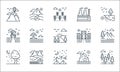 Nature and landscape line icons. linear set. quality vector line set such as forest, mountains, tree, island, farm house, bungalow