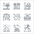 nature and landscape line icons. linear set. quality vector line set such as hot air balloon, cycle, cave, cityscape, desert,