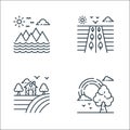 nature and landscape line icons. linear set. quality vector line set such as rainbow, farm house, fields Royalty Free Stock Photo