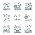 Nature and landscape line icons. linear set. quality vector line set such as sunrise, garden, mountains, dam, climate change, Royalty Free Stock Photo