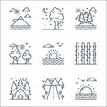 nature and landscape line icons. linear set. quality vector line set such as sunrise, road, camping, bamboo, sunrise, tree, forest Royalty Free Stock Photo