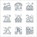 nature and landscape line icons. linear set. quality vector line set such as tractor, bungalow, landscape, mountains, forest,