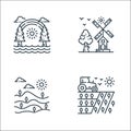 Nature and landscape line icons. linear set. quality vector line set such as tractor, field, windmill