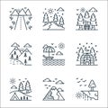 Nature and landscape line icons. linear set. quality vector line set such as tree, mountains, camping, camping tent, sunbed,