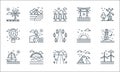 Nature and landscape line icons. linear set. quality vector line set such as wind energy, road, boat, mountains, rainbow, hot air Royalty Free Stock Photo