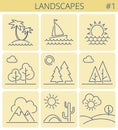 Nature landscape line symbols. Vector thin outline icon set. Royalty Free Stock Photo