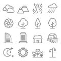 Nature landscape line vector icon set. Outline trees and mountains, River icons. City building, House, Home and green tree outline