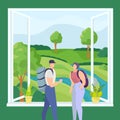 Nature landscape for man woman people vector illustration. Travel activity, tourist at large window look at mountain