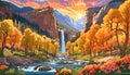 Nature landscape mountain cliffs waterfall golden sunset autumn trees