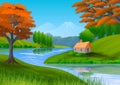 Nature landscape with mountain, trees, hills, a cottage and a river Royalty Free Stock Photo