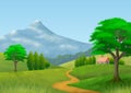 Nature landscape with mountain, trees, hills, a path and a cottage. Wallpaper. Background. Royalty Free Stock Photo