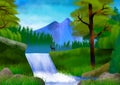 Nature landscape with mountain, trees, hills and a river. Illustration. Wallpaper. Royalty Free Stock Photo