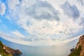 Nature landscape. Panoramic ocean view. Summer time. Fisheye effect. Blue cloudy sky. Calming sea. Mountains with grass Royalty Free Stock Photo