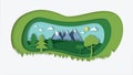 nature landscape with paper cut style design illustration.Green natural field with trees , hills , mountains and sky