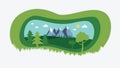nature landscape with paper cut style design vector illustration.Green natural field with trees , hills , mountains Royalty Free Stock Photo