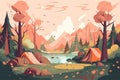 Nature landscape, poster design. Sunset camp with tents, pine forest, rocky mountains and lake. Ai generative illustration