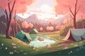 Nature landscape, poster design. Sunset camp with tents, pine forest, rocky mountains and lake. Ai generative illustration