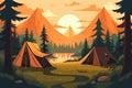 Nature landscape, poster design. Sunset camp with tents, pine forest, rocky mountains and lake. Ai generative illustration