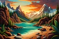 Nature landscape with a river and mountains. Vector illustration, abstract nature art, generative ai Royalty Free Stock Photo